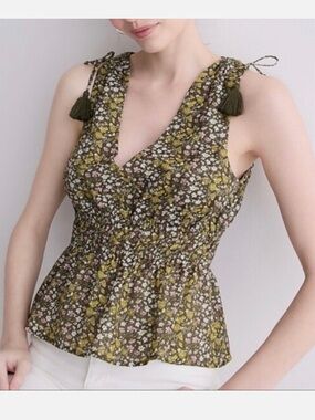NWT J. Crew Olive V neck Cotton Voile in Floral Tie-Shoulder Camisole